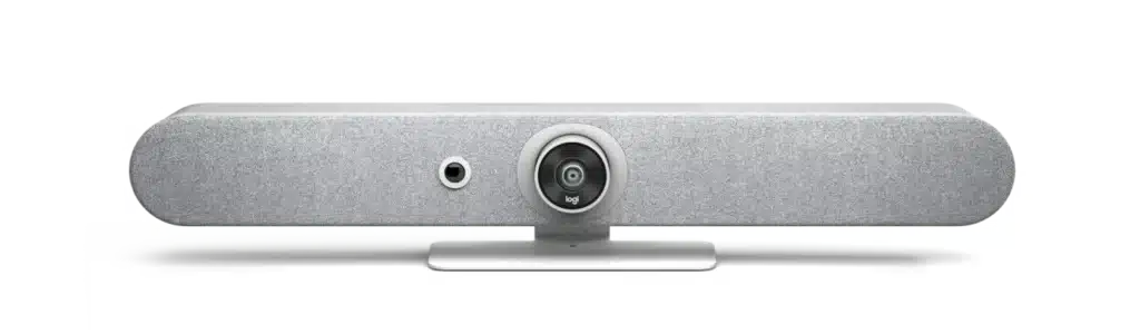 White Logitech Rally Bar Mini.