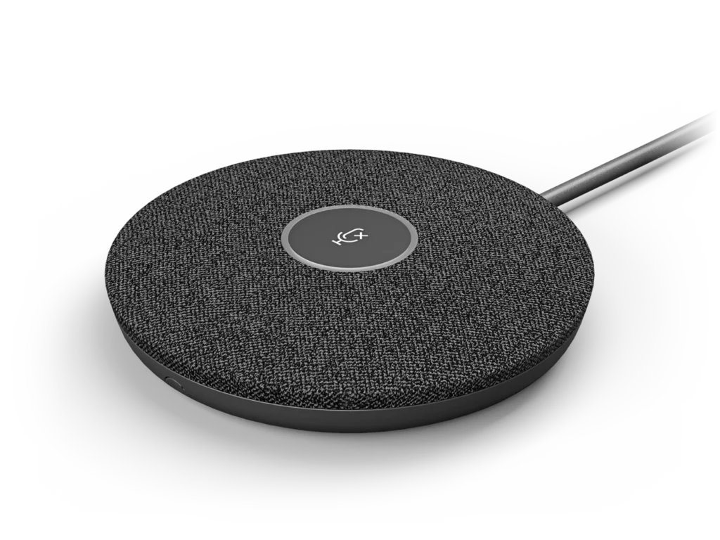 Black Logitech Rally Mic Pod with attached cable on a white background.