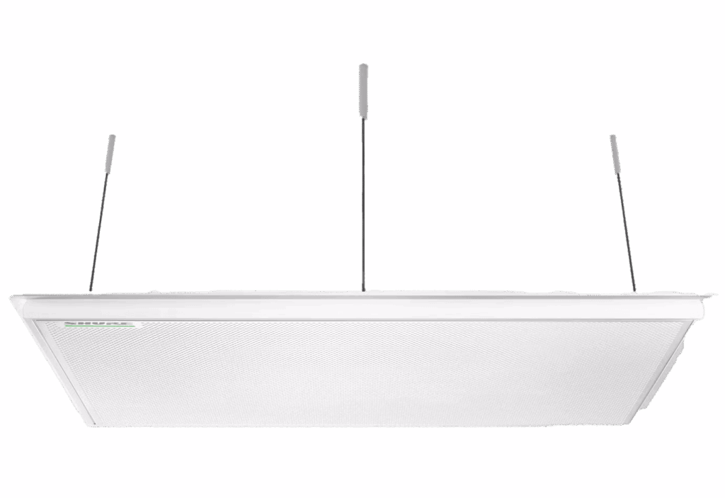 White Shure MXA920 ceiling microphone array viewed from below.