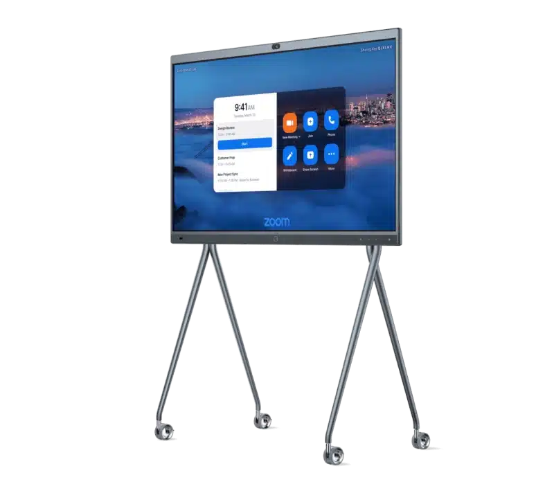 Yealink MeetingBoard 65 on a wheeled floor stand.